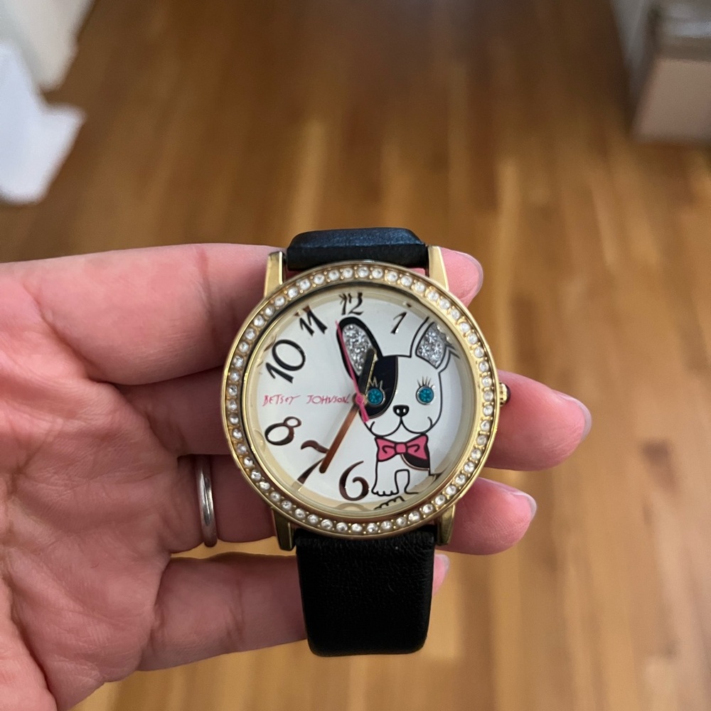 Betsey Johnson Frenchie Watch with Black Leather Strap